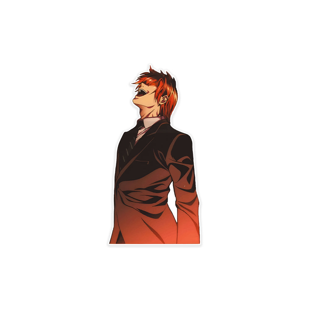 A rectangular sticker with a red background and a white horizontal stripe in the middle. In the center of the white stripe, black Devanagari text reads "घुमक्कड़" which translates to "Wanderer." The red background has faint travel-themed illustrations.