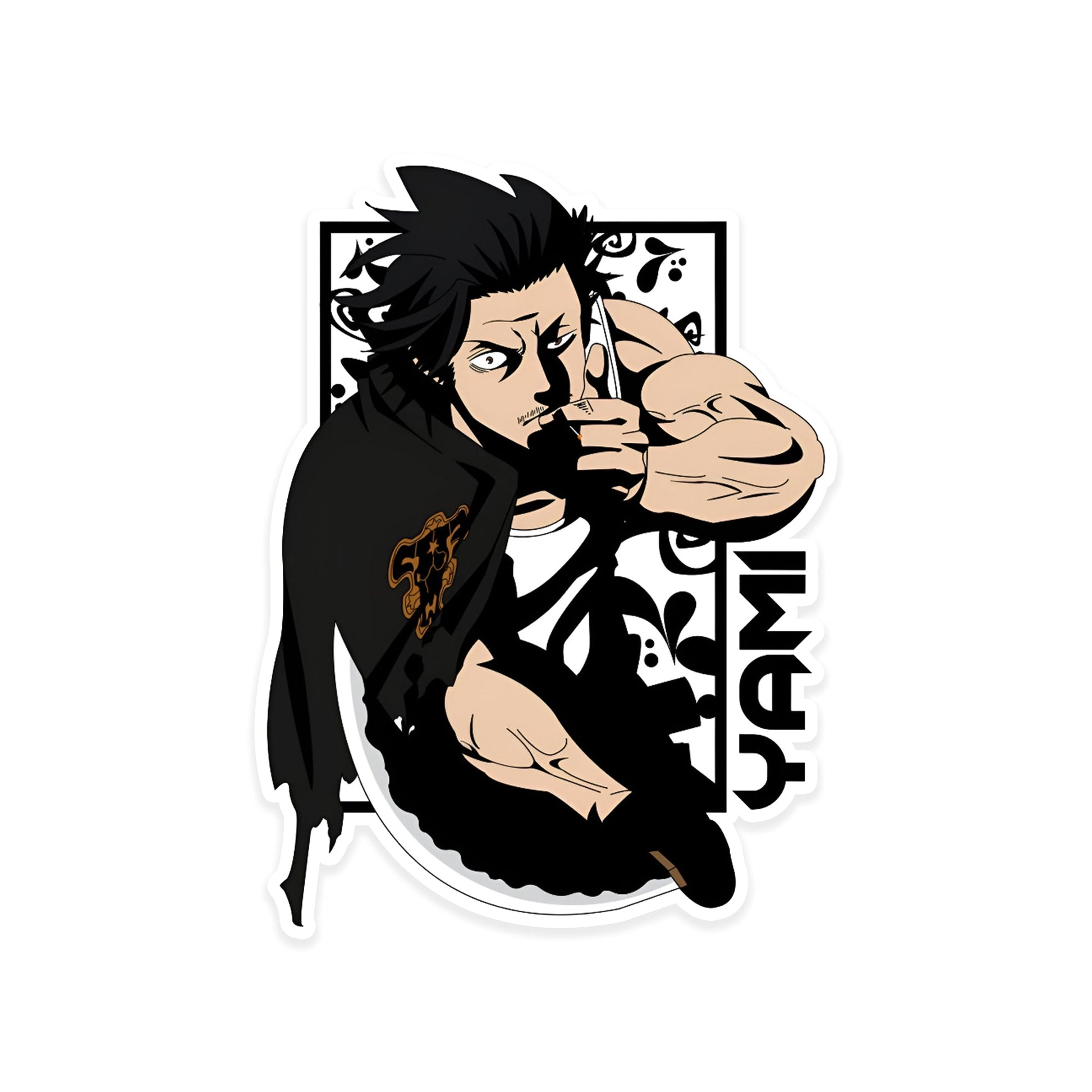 A rectangular sticker with a red background and a white horizontal stripe in the middle. In the center of the white stripe, black Devanagari text reads "घुमक्कड़" which translates to "Wanderer." The red background has faint travel-themed illustrations.