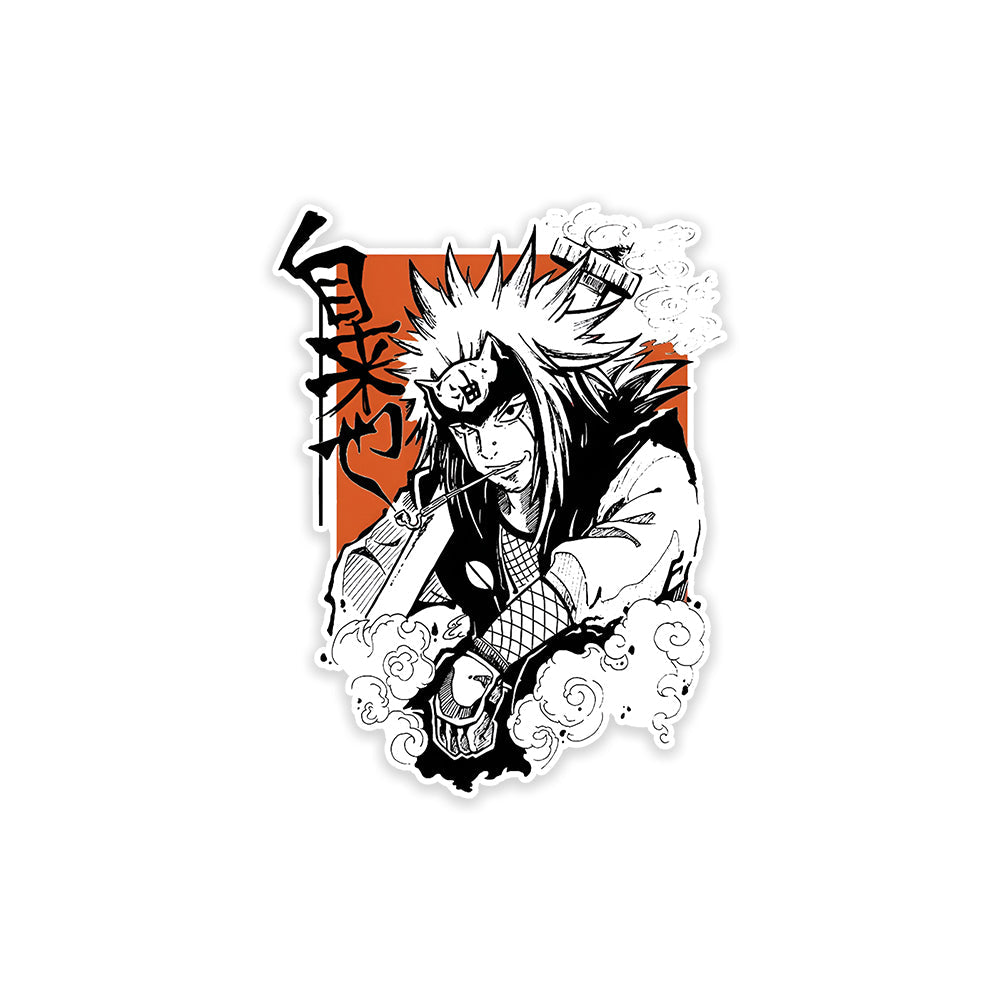 A rectangular sticker with a red background and a white horizontal stripe in the middle. In the center of the white stripe, black Devanagari text reads "घुमक्कड़" which translates to "Wanderer." The red background has faint travel-themed illustrations.