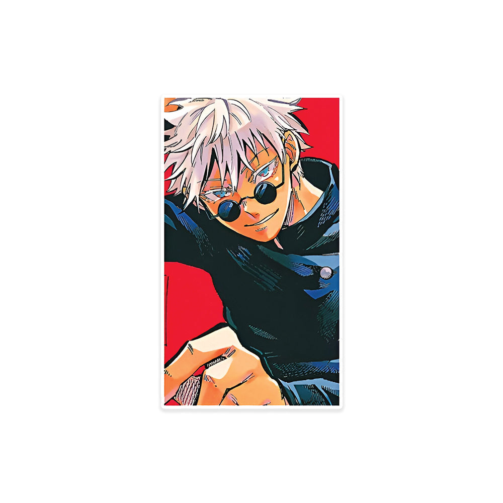 A rectangular sticker with a red background and a white horizontal stripe in the middle. In the center of the white stripe, black Devanagari text reads "घुमक्कड़" which translates to "Wanderer." The red background has faint travel-themed illustrations.