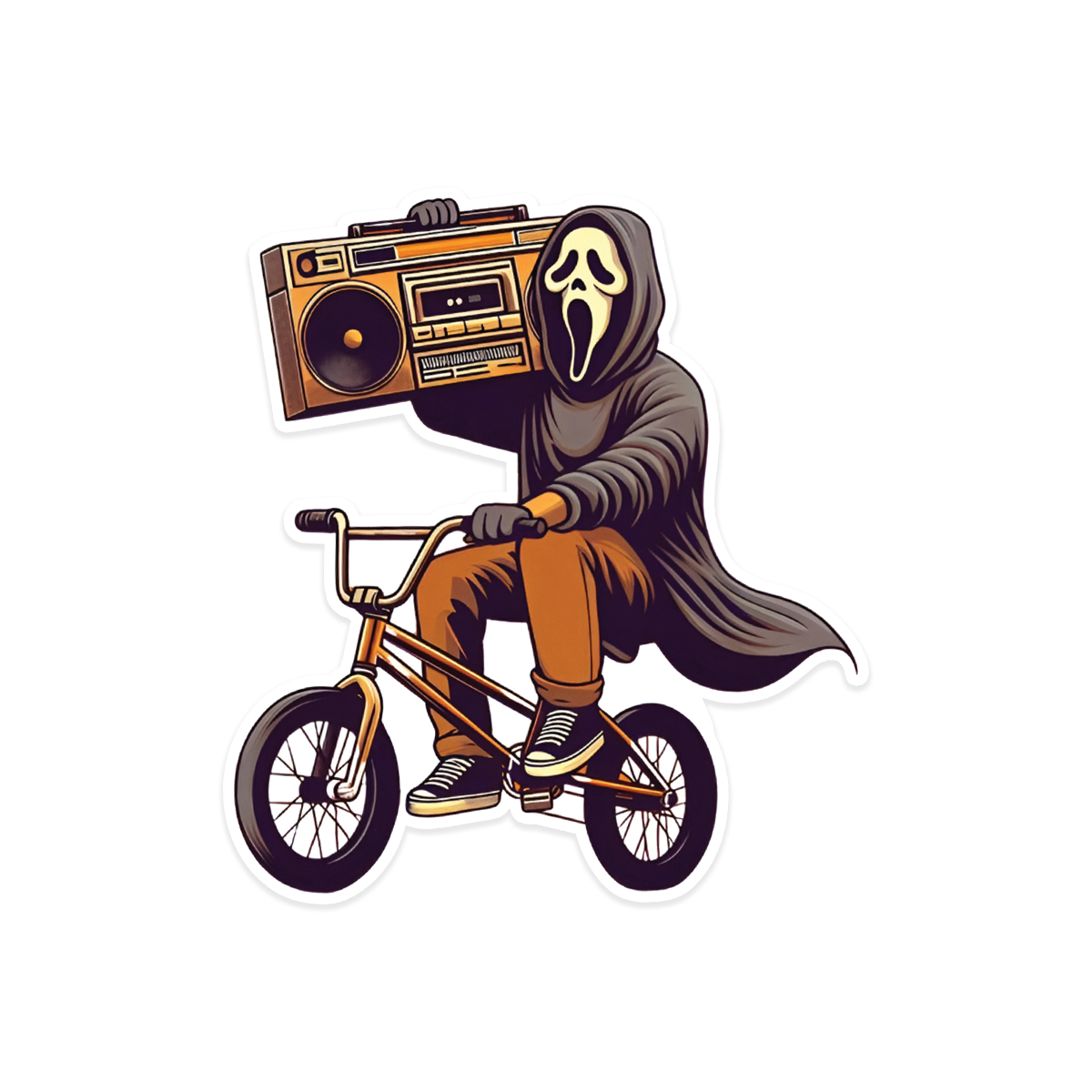 A rectangular sticker with a red background and a white horizontal stripe in the middle. In the center of the white stripe, black Devanagari text reads "घुमक्कड़" which translates to "Wanderer." The red background has faint travel-themed illustrations.