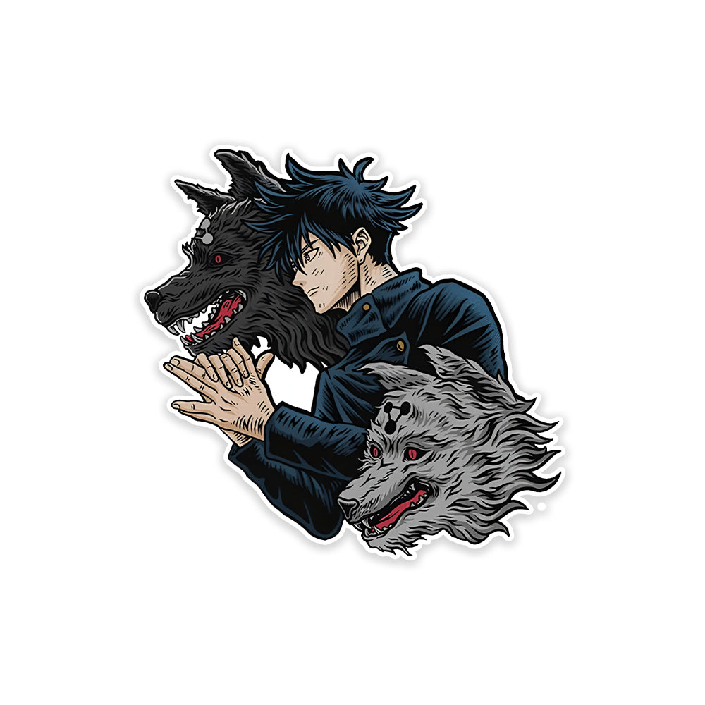 A rectangular sticker with a red background and a white horizontal stripe in the middle. In the center of the white stripe, black Devanagari text reads "घुमक्कड़" which translates to "Wanderer." The red background has faint travel-themed illustrations.