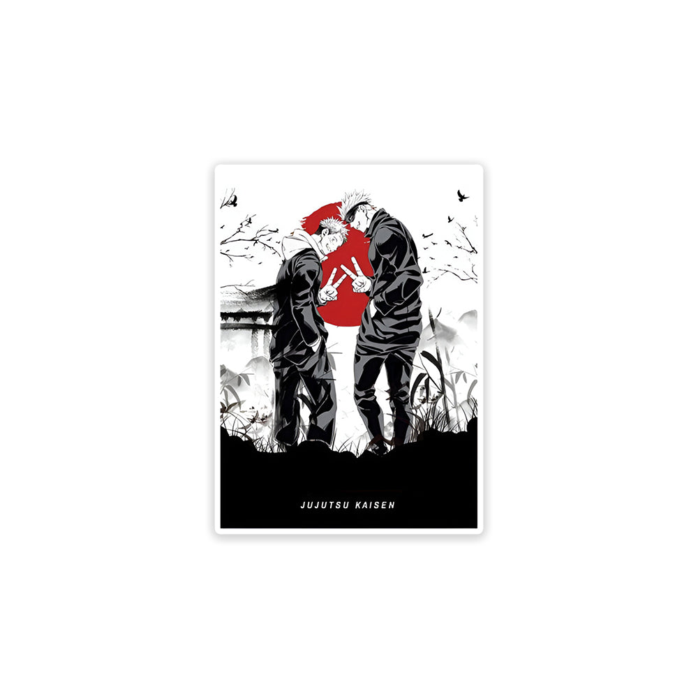 A rectangular sticker with a red background and a white horizontal stripe in the middle. In the center of the white stripe, black Devanagari text reads "घुमक्कड़" which translates to "Wanderer." The red background has faint travel-themed illustrations.