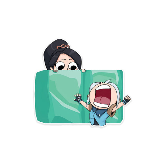 A rectangular sticker with a red background and a white horizontal stripe in the middle. In the center of the white stripe, black Devanagari text reads "घुमक्कड़" which translates to "Wanderer." The red background has faint travel-themed illustrations.